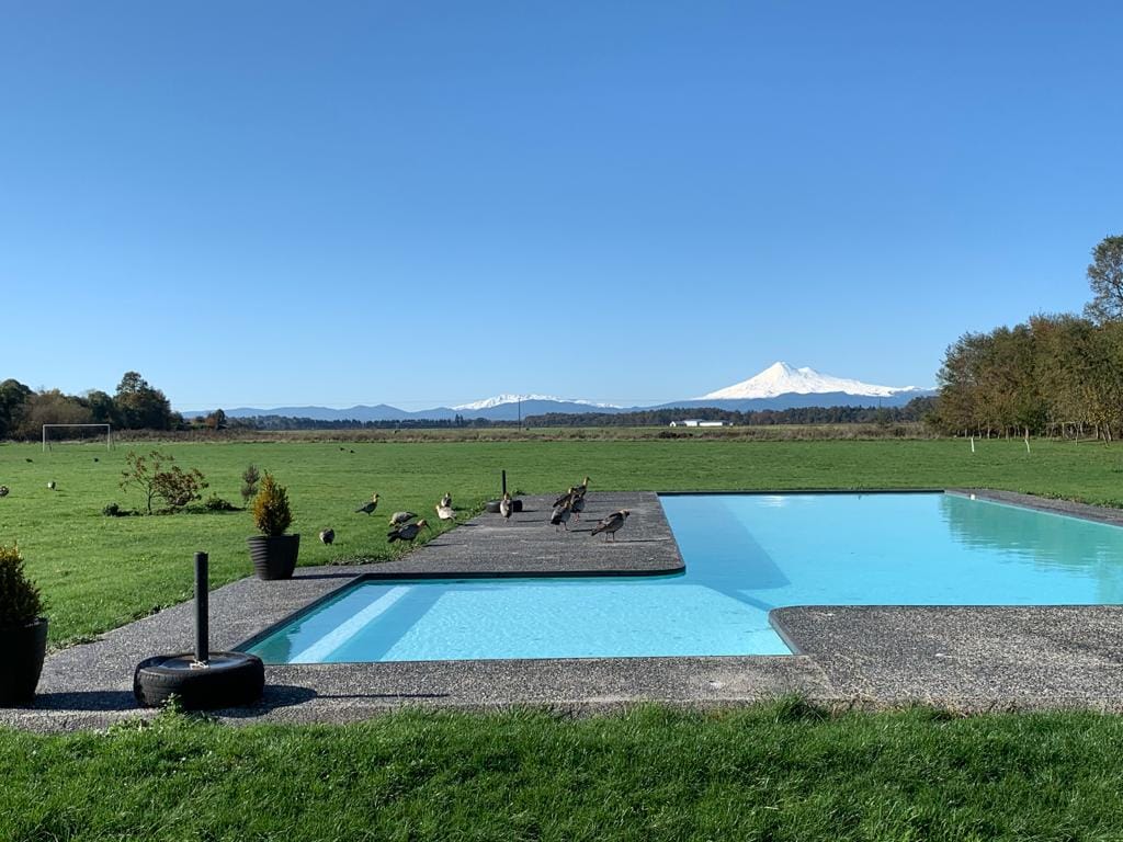 Piscina y parque de Rancho Primavera con vista al volcán Llaima